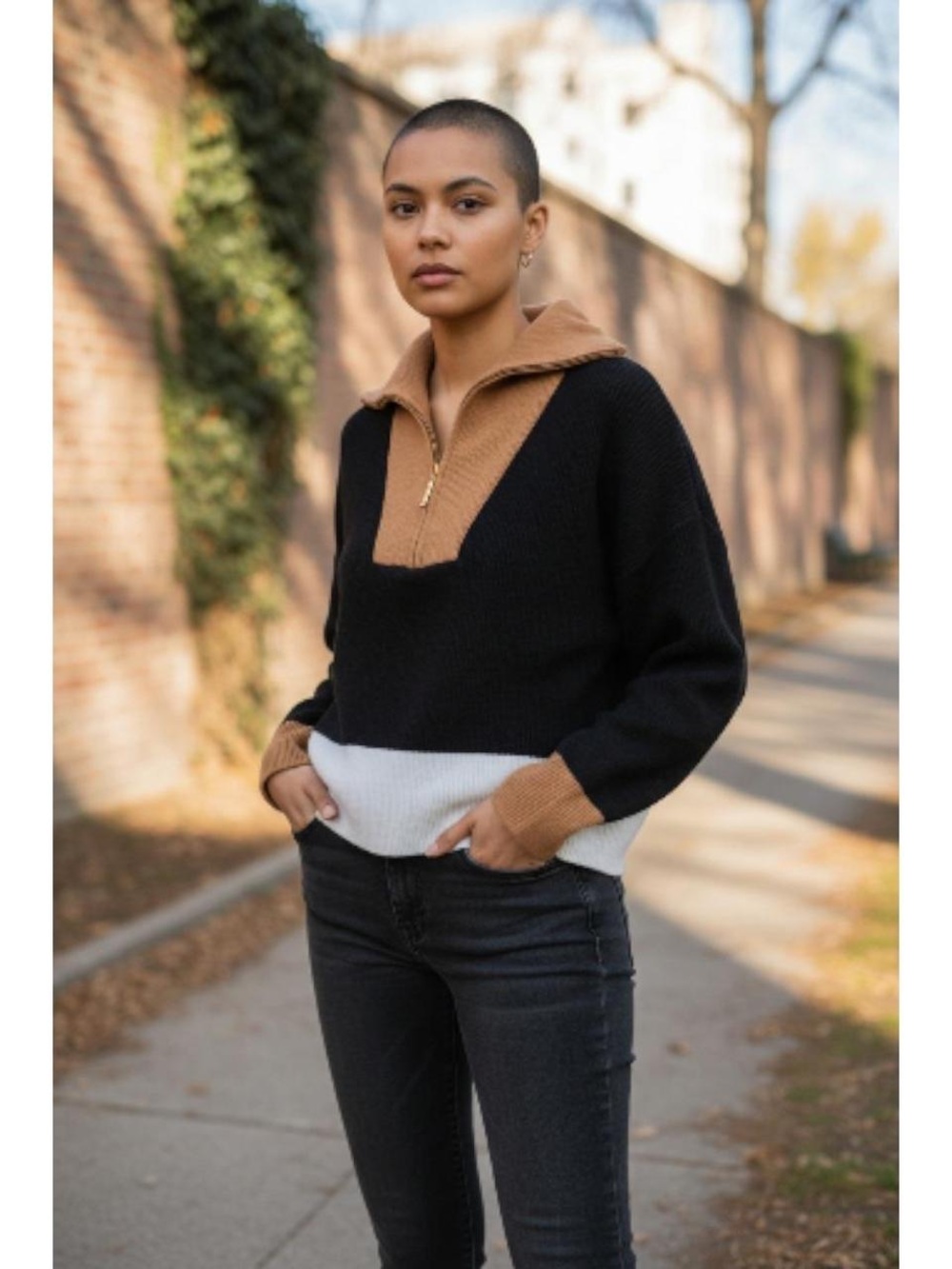 Marc New York Black, Camel & Ivory Colorblock Quarter-Zip Sweater. Women’s